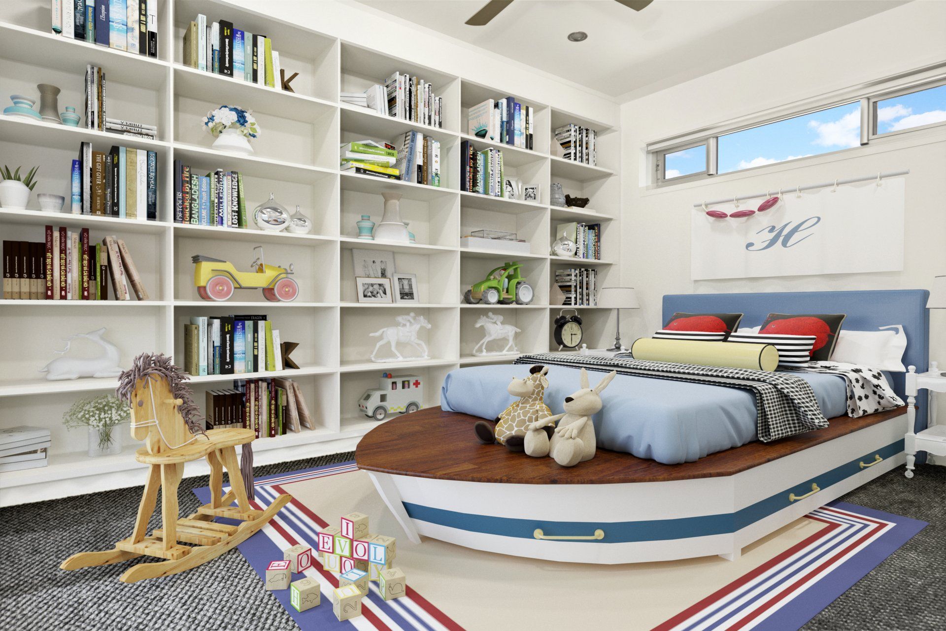 A bedroom with a bed in the shape of a boat and a rocking horse.