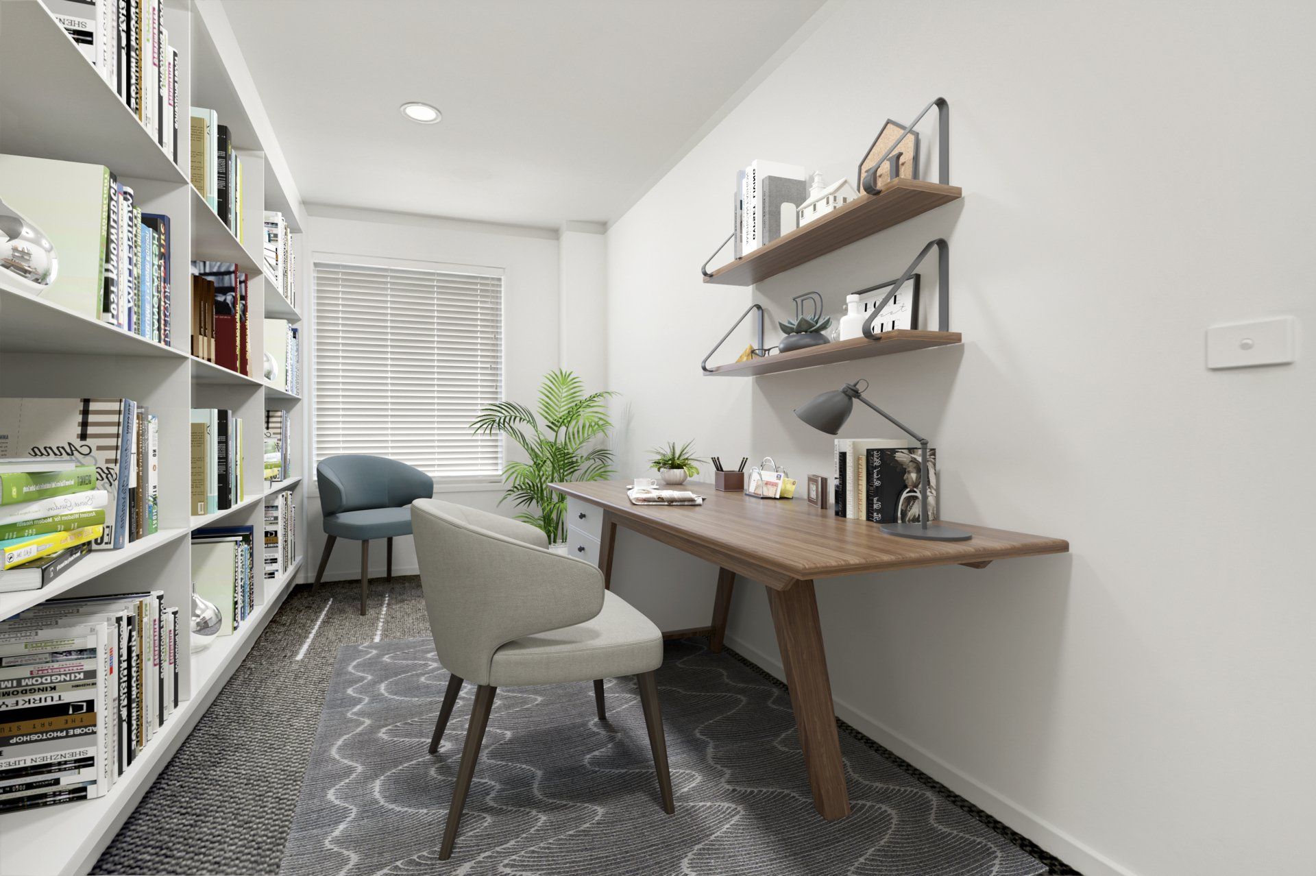 A computer generated image of a home office with a desk and chair.