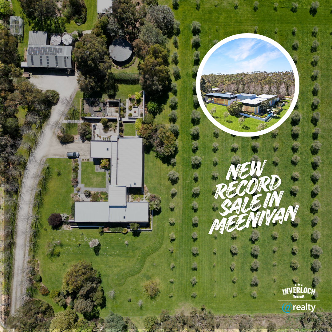 Aerial view of a large property with a main building, garden, and rows of trees, with a smaller inset picture.