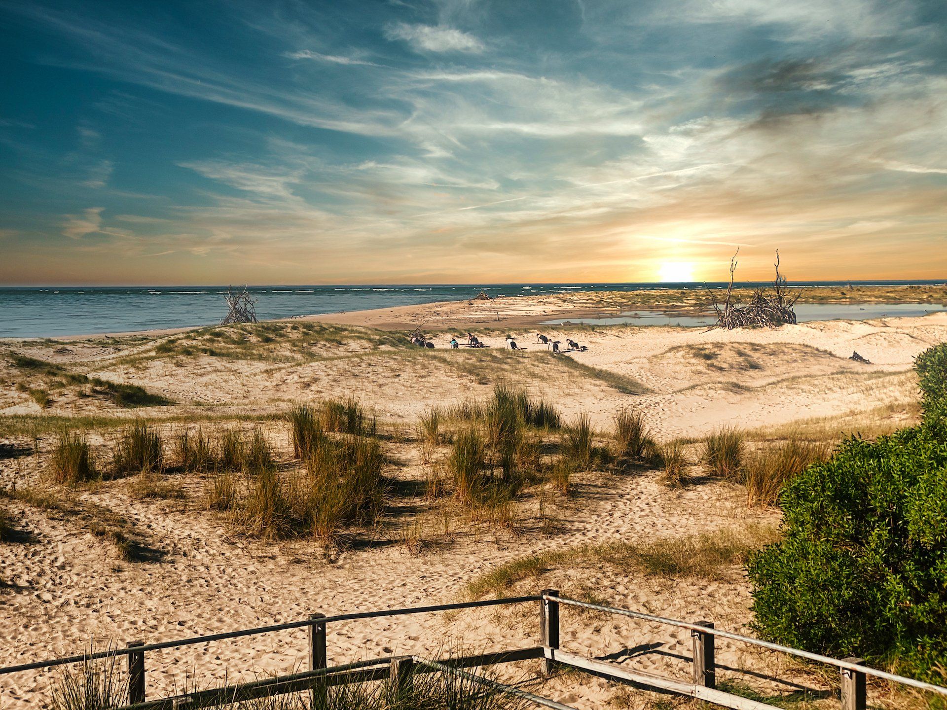 The sun is setting over a sandy beach with a wooden fence in the foreground.