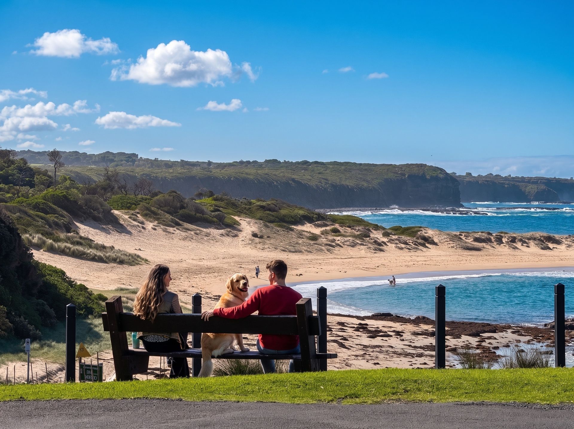 Two people sit on a bench overlooking a sunny beach in Cape Paterson blue ocean under a clear sky.