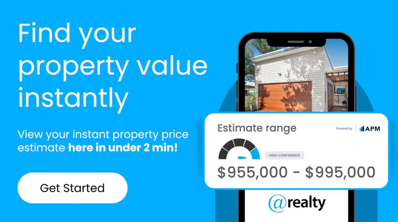 Advertisement: Find your property value instantly. Phone with property photo shows price estimate range. White and blue.