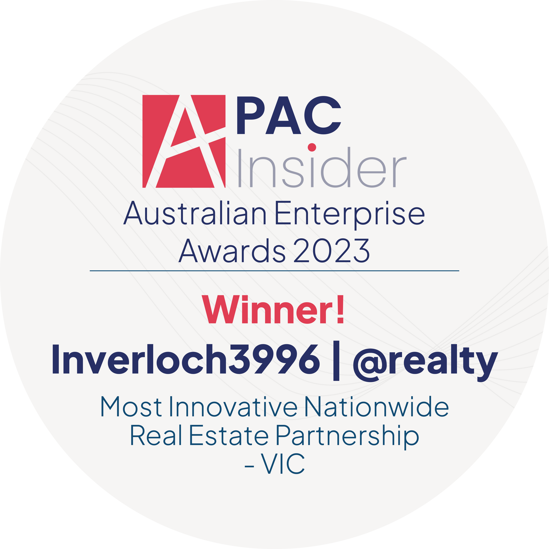 PAC Insider Australian Enterprise Awards 2023 winner badge for Inverloch3996 | @realty, Most Innovative Partnership, VIC