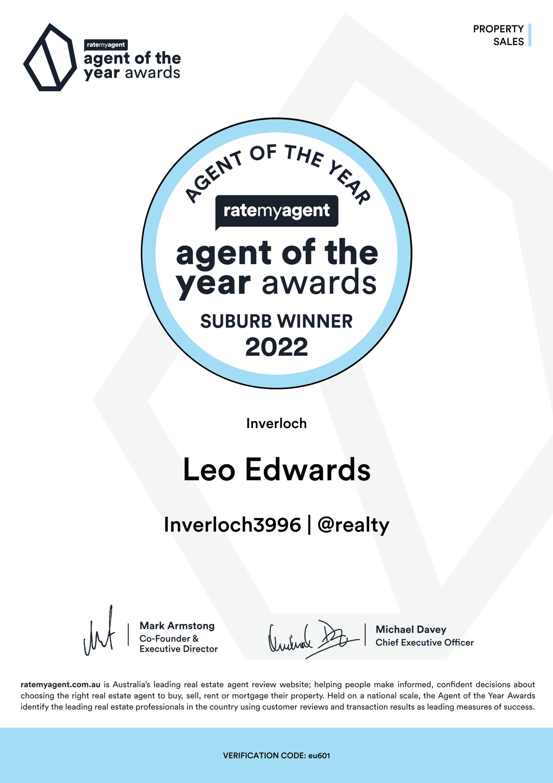 Leo edwards is the agent of the year award winner for 2022.