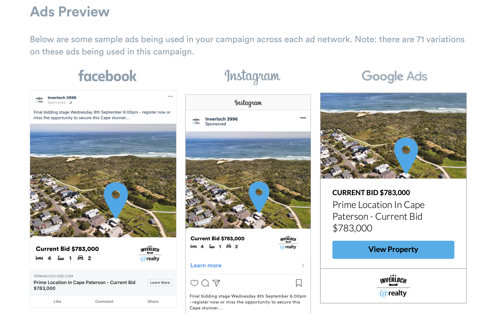 A screenshot of a website showing ads on facebook , instagram , and google ads.