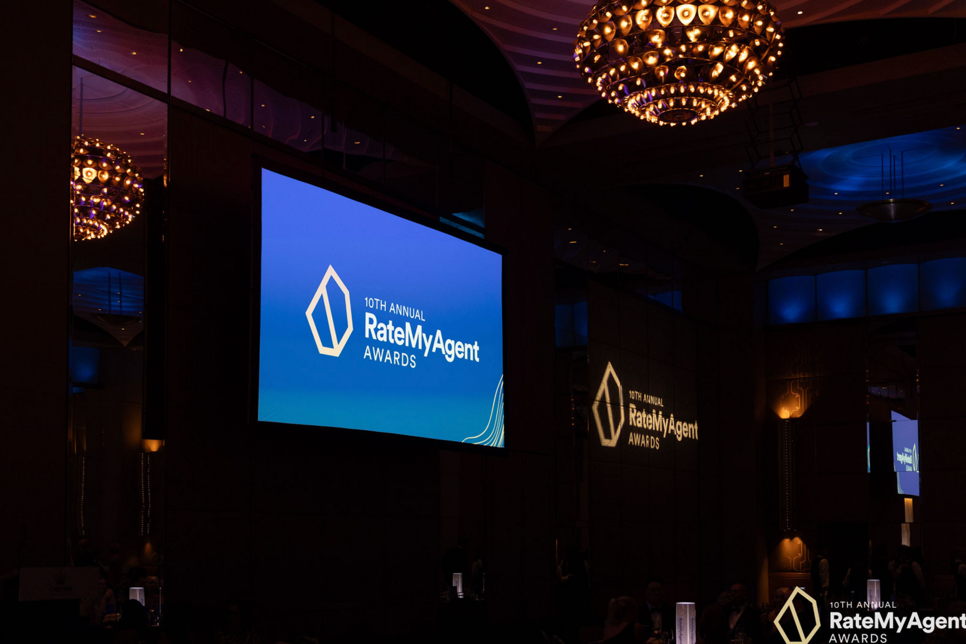 A large screen in a dark room says ratemyagent