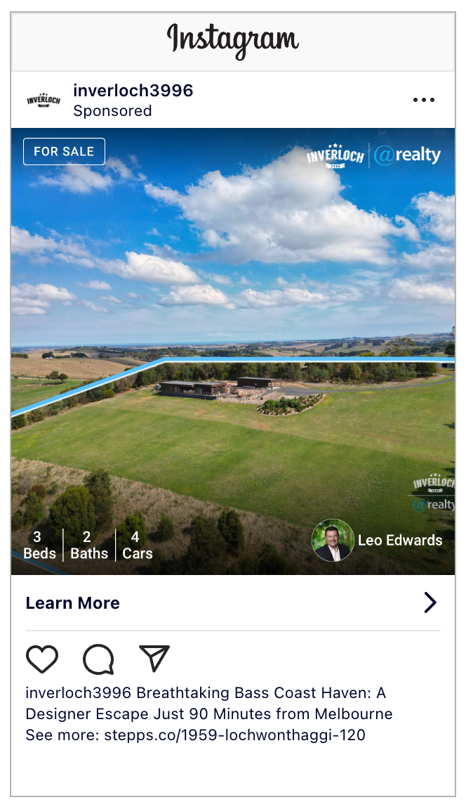Aerial view of a sprawling rural property with a house, blue skies, and the text