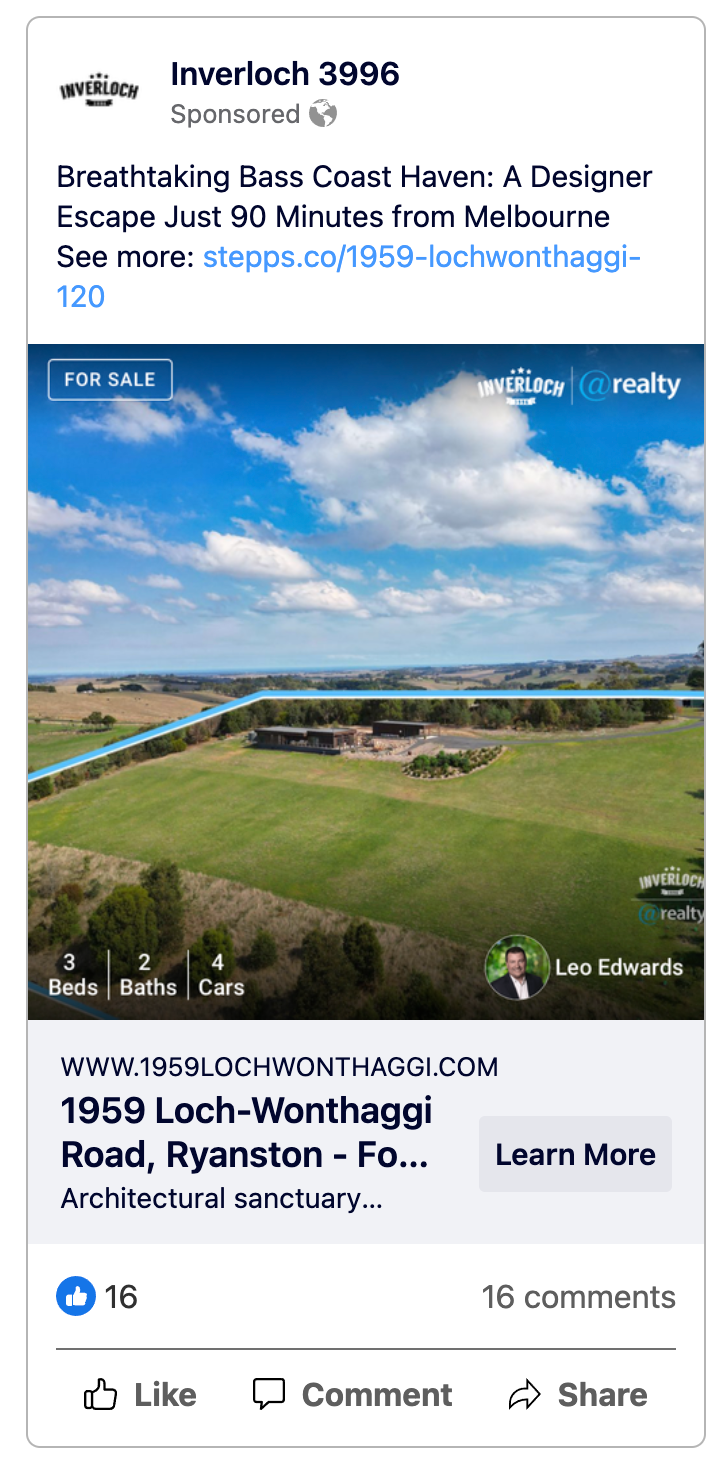 Advertisement for a designer escape in Inverloch, Australia. Features an aerial view of a property with a green lawn and trees.