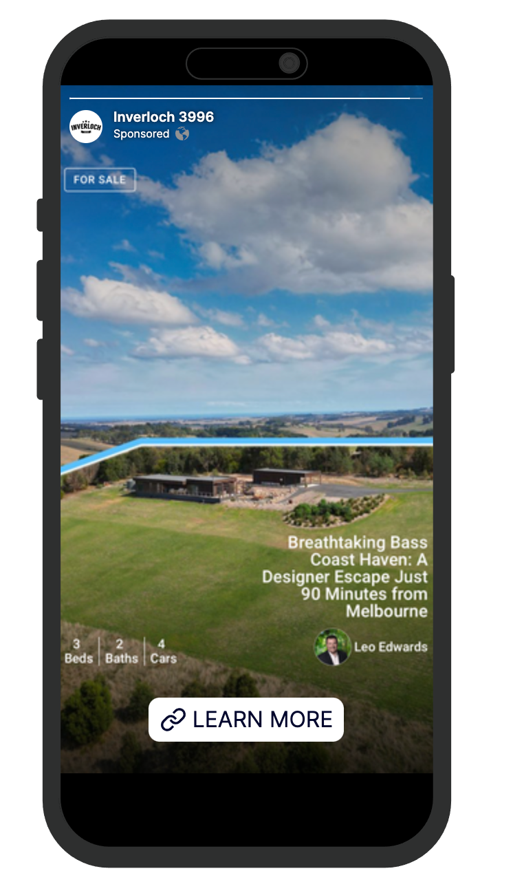 Smartphone screen displaying a real estate ad for a designer escape near Melbourne.