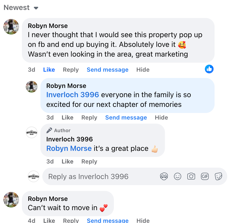 Screenshot of Facebook comment thread with Robin Morse and Inverloch 3996 discussing a property and “marketing” response
