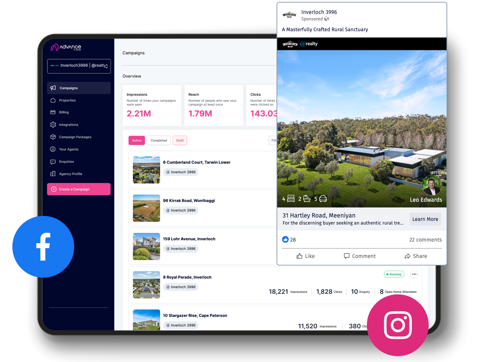 A tablet displays a marketing dashboard with Facebook and Instagram icons. A preview of a real estate ad is shown.