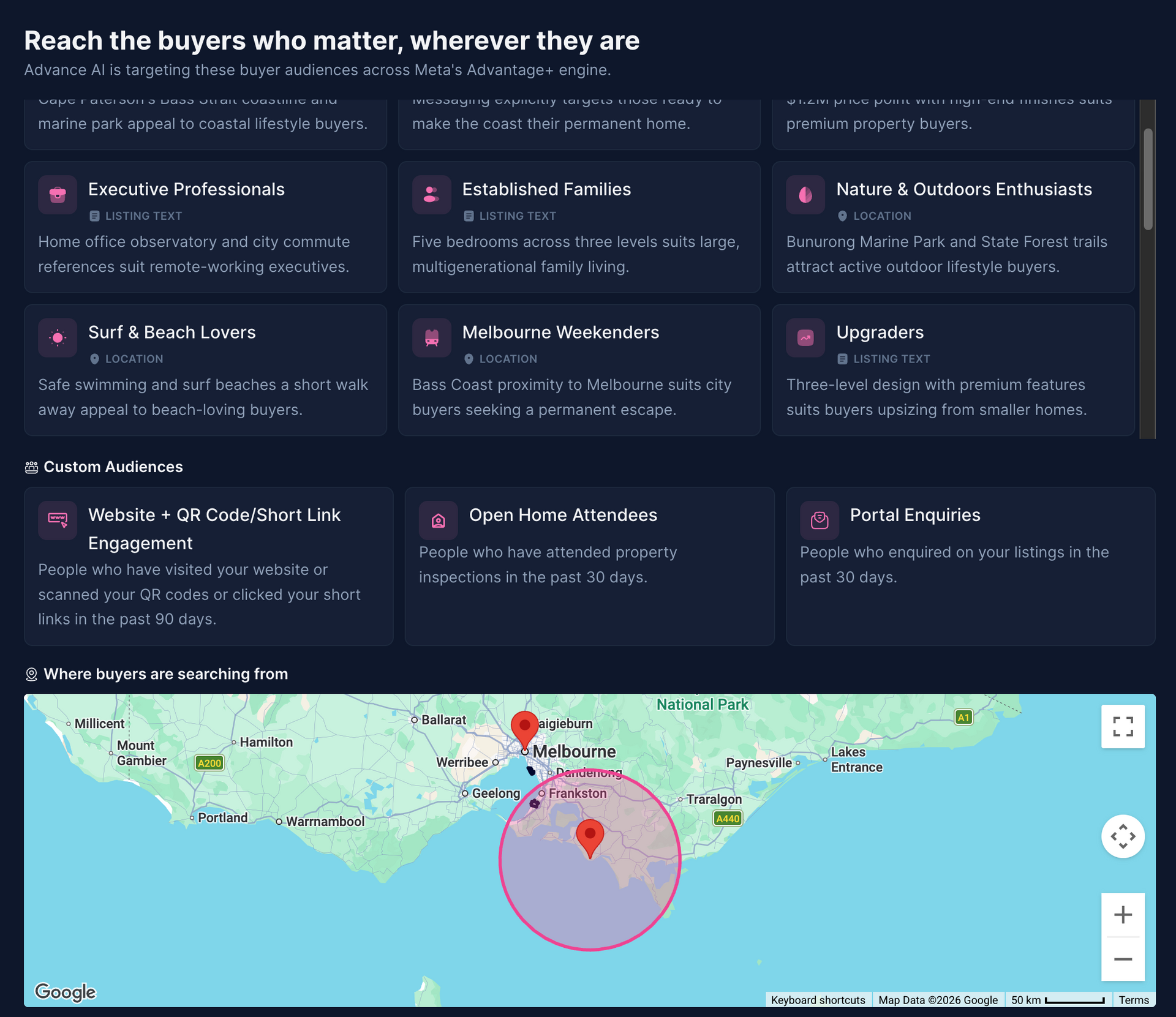Dark webpage with feature cards above a world map highlighting a red location circle near India