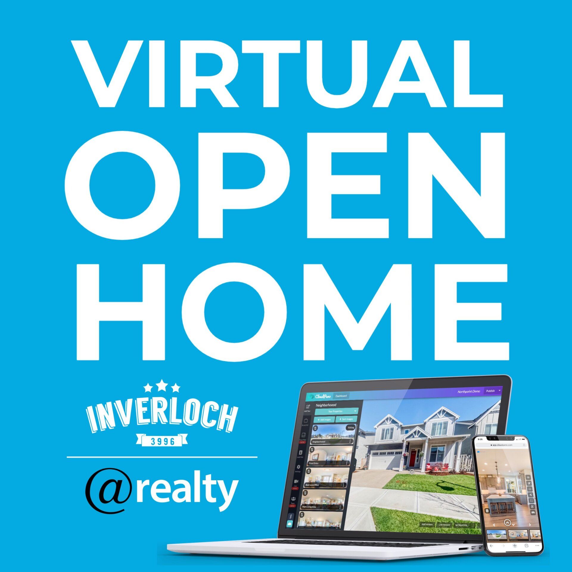 A blue sign that says virtual open home on it