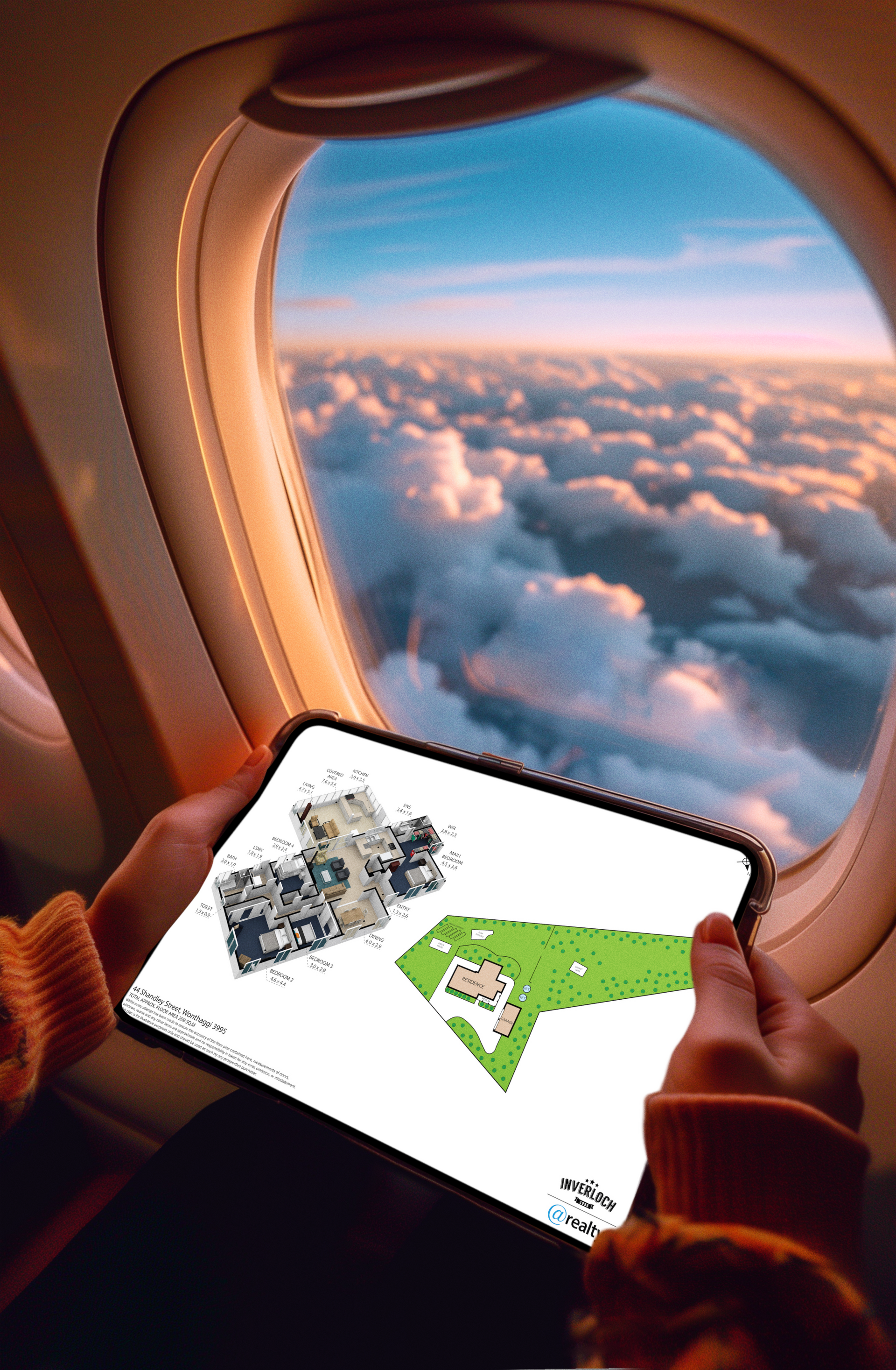 A person is holding a tablet in front of an airplane window.