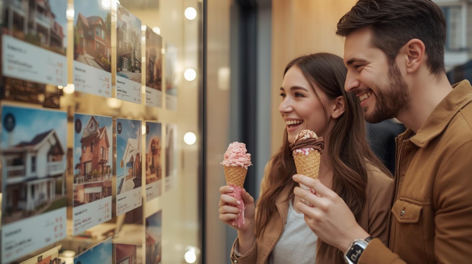 Couple with ice cream looking at property listings.