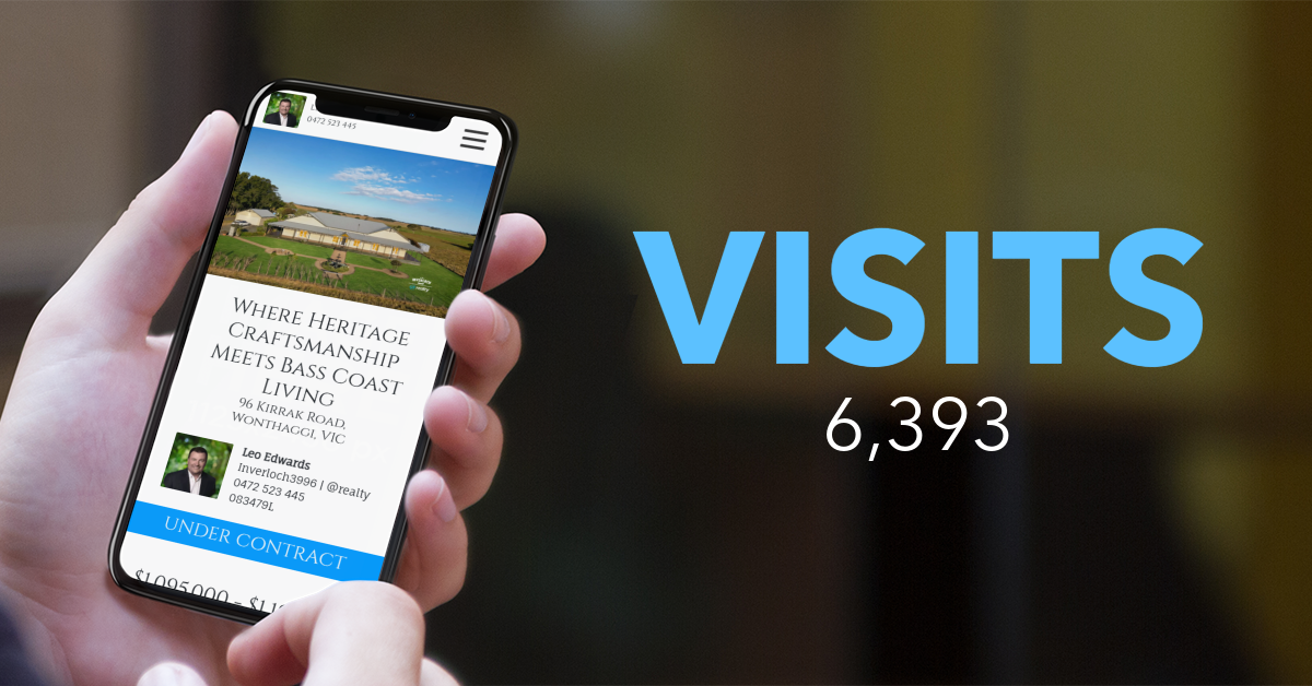 Hand holding smartphone showing a website, with blue text reading “VISITS 6,393”