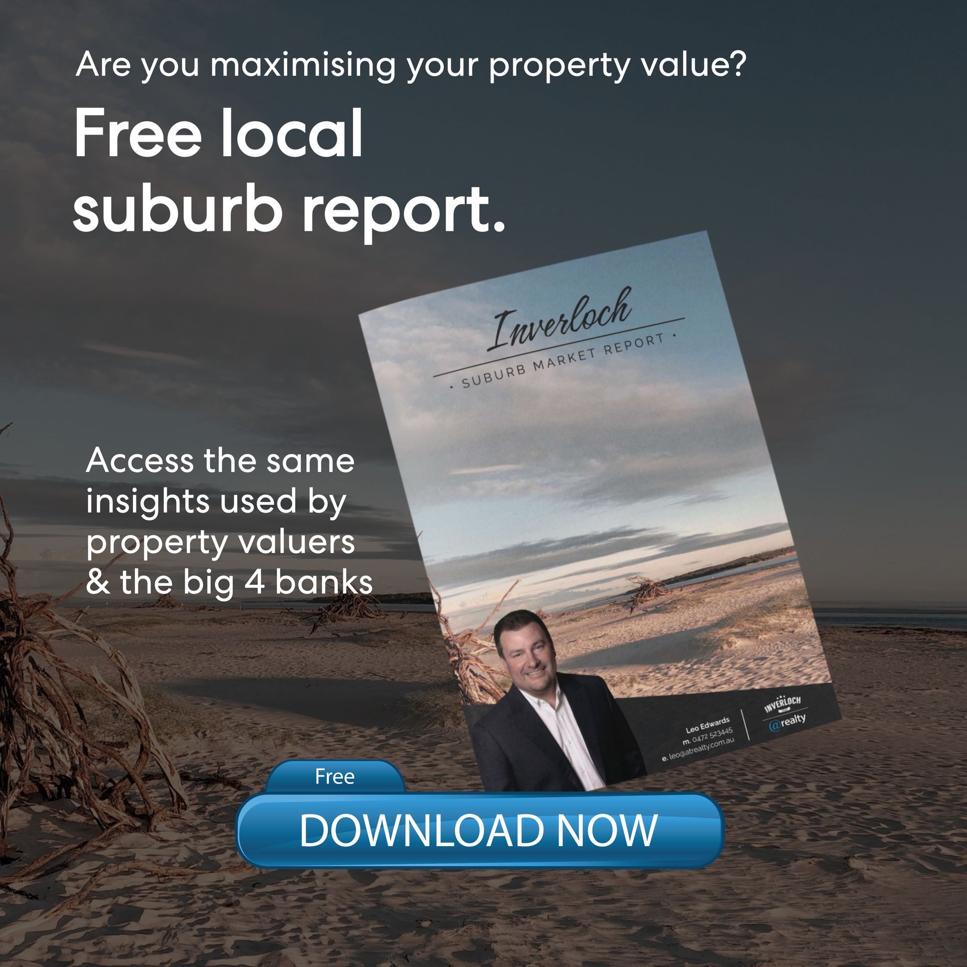 Ad for free local suburb report with property valuers insights, beach backdrop, and blue “DOWNLOAD NOW” button