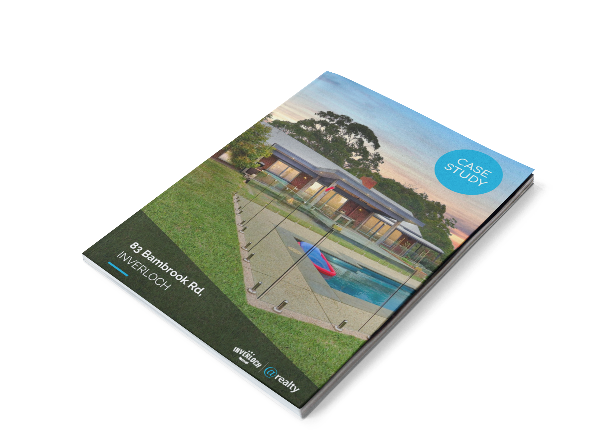 A book with a picture of a house and a pool on it