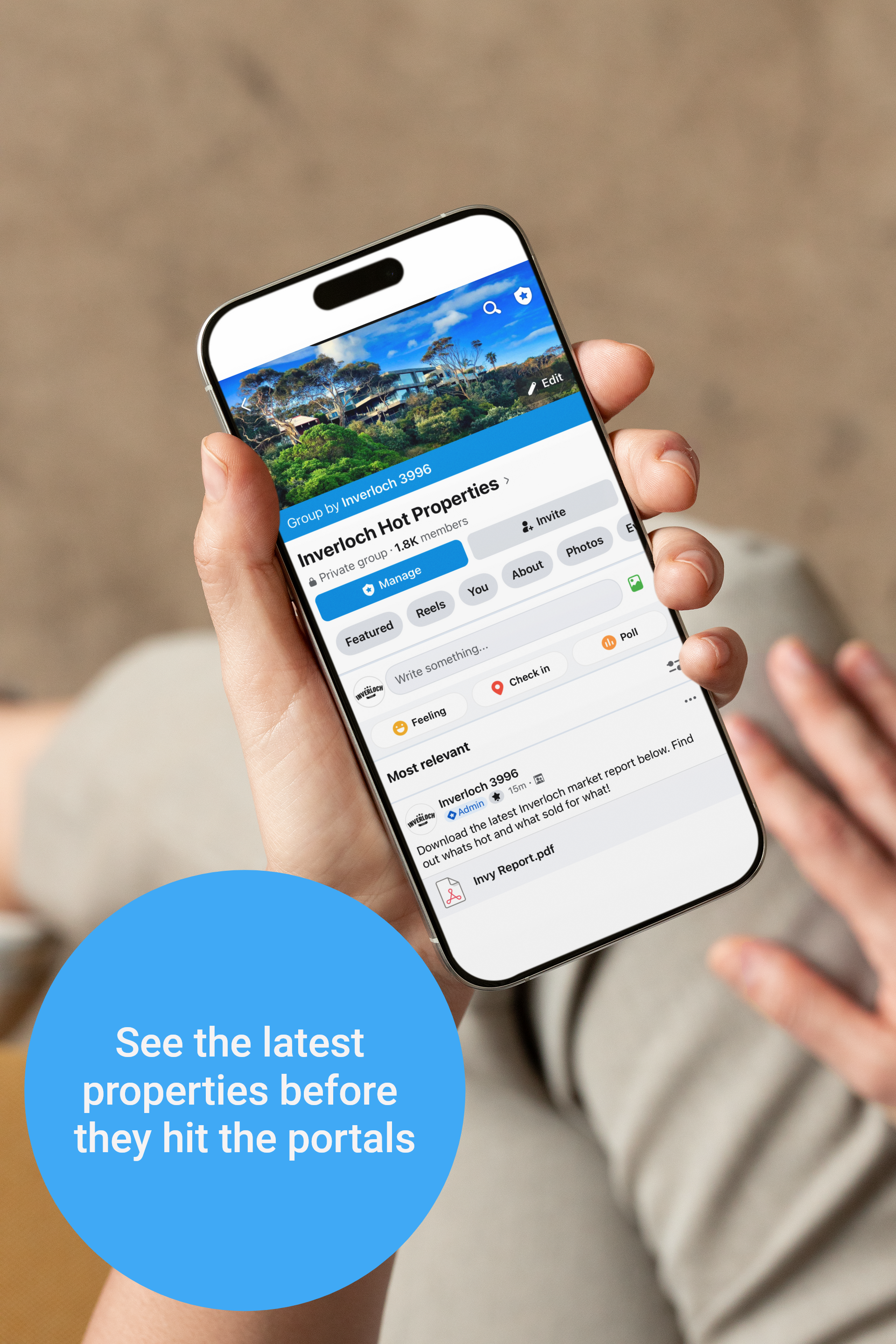 Hand holding a smartphone showing a property listing app with a blue promo badge.