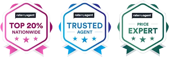 Three badges that say top 20 % nationwide trusted agent and price expert