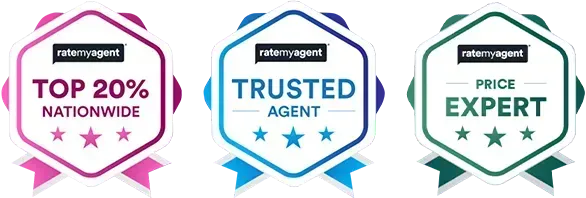 Three award badges: Top 20% Nationwide in pink, Trusted Agent in blue, and Prize Expert in green.
