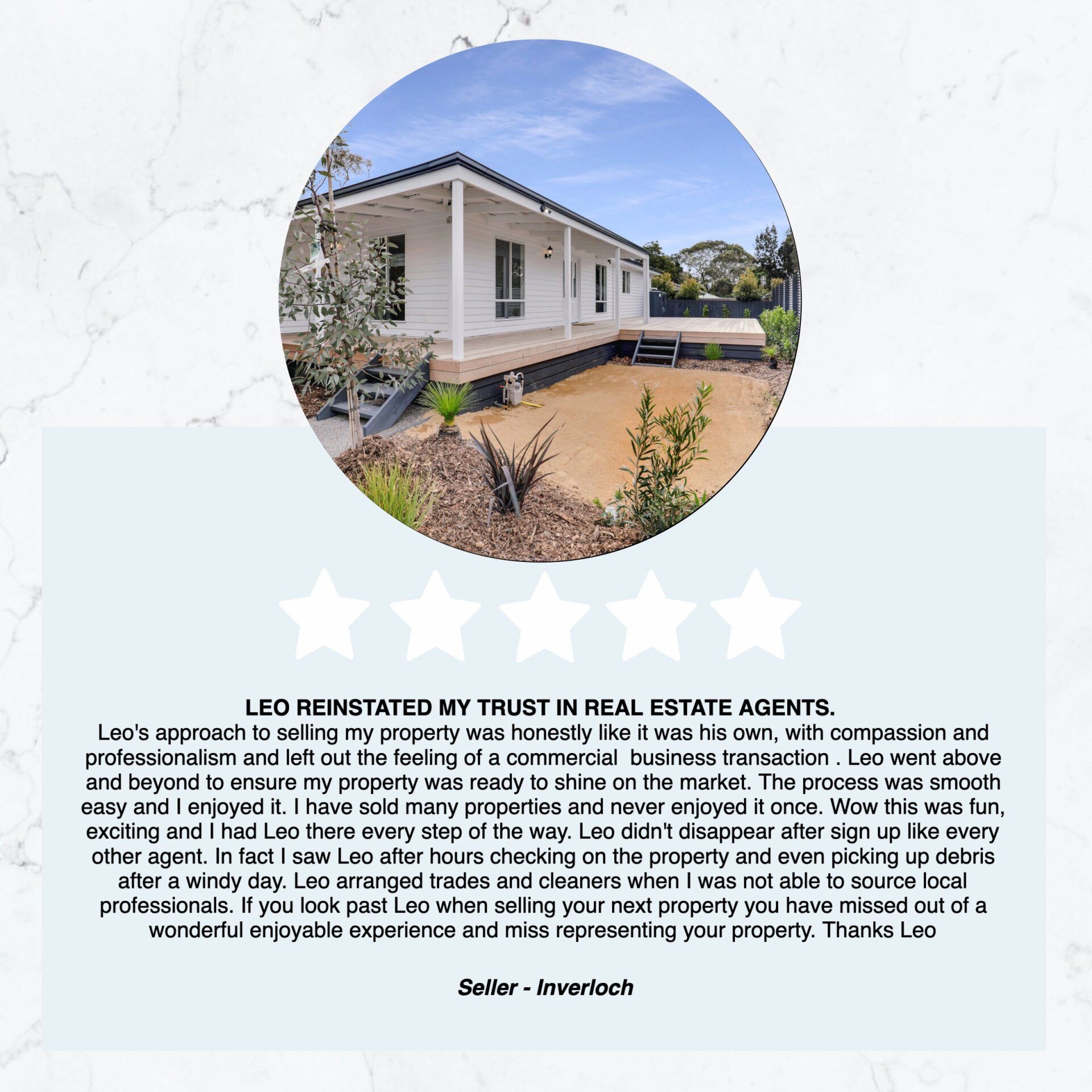 A picture of a house in a circle with a review from a real estate agent.