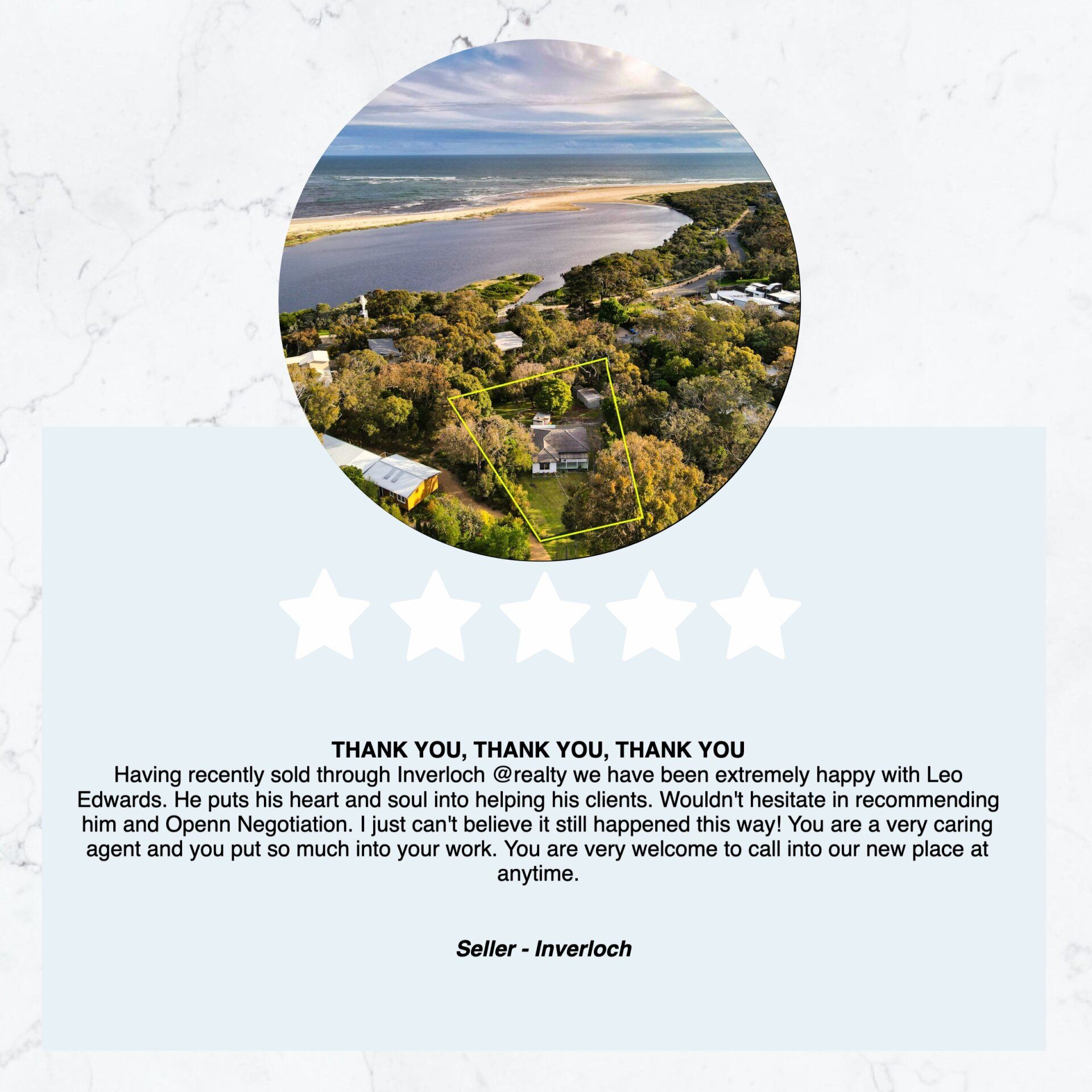 A thank you card with a picture of a river and trees in a circle.