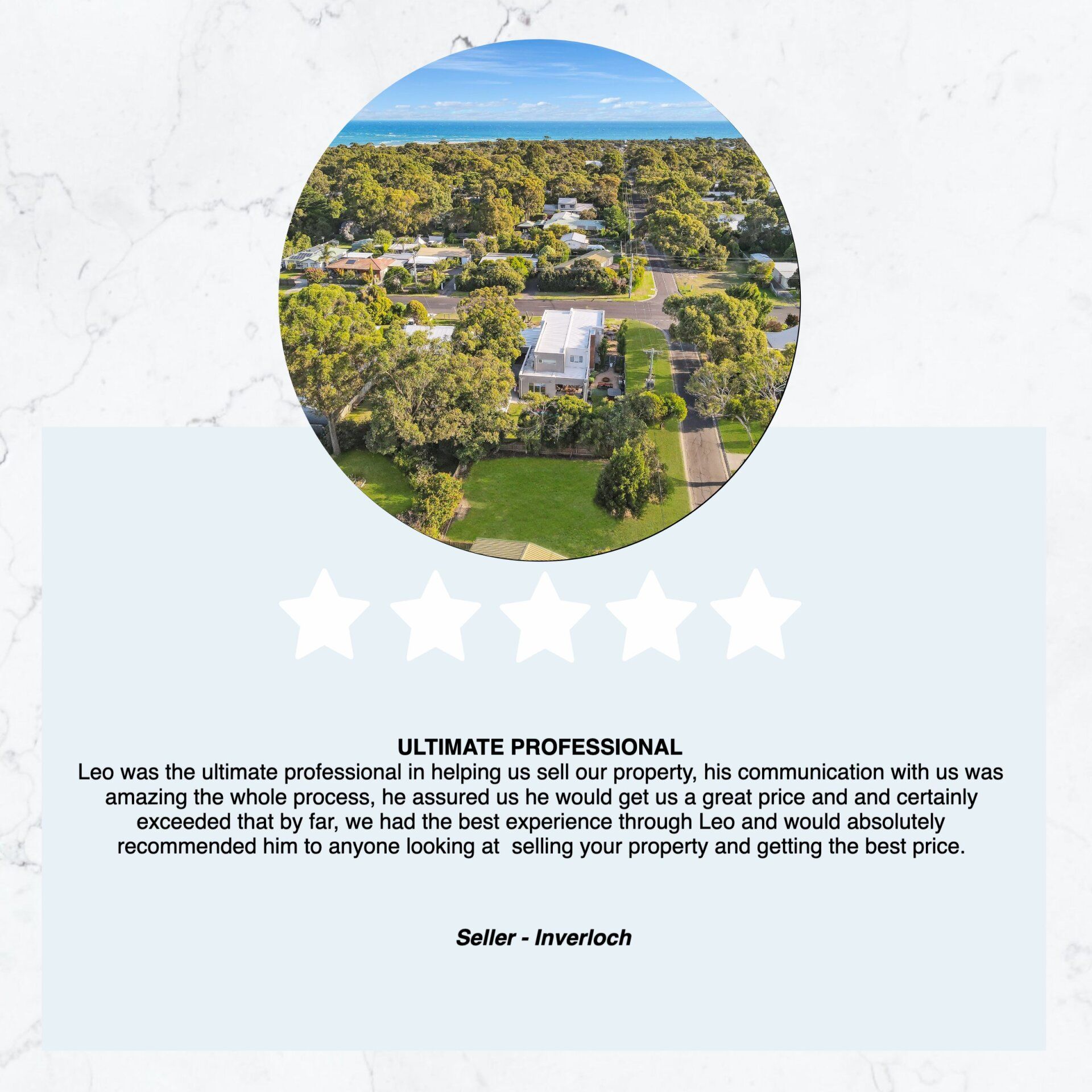 An aerial view of a house in a residential area with five stars.