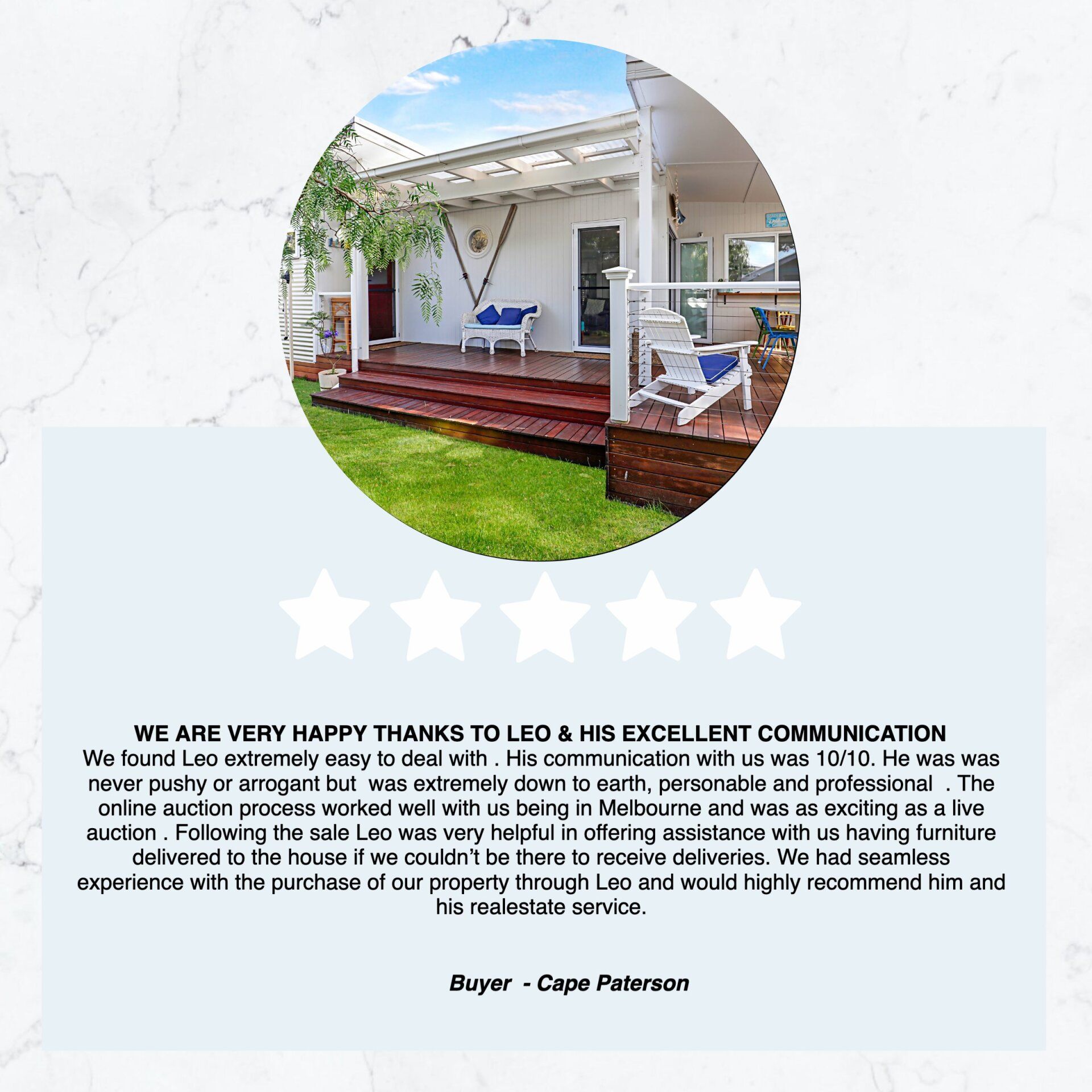 A picture of a house with a porch and a review from a buyer.