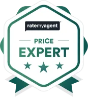 A badge that says price expert with three stars on it.