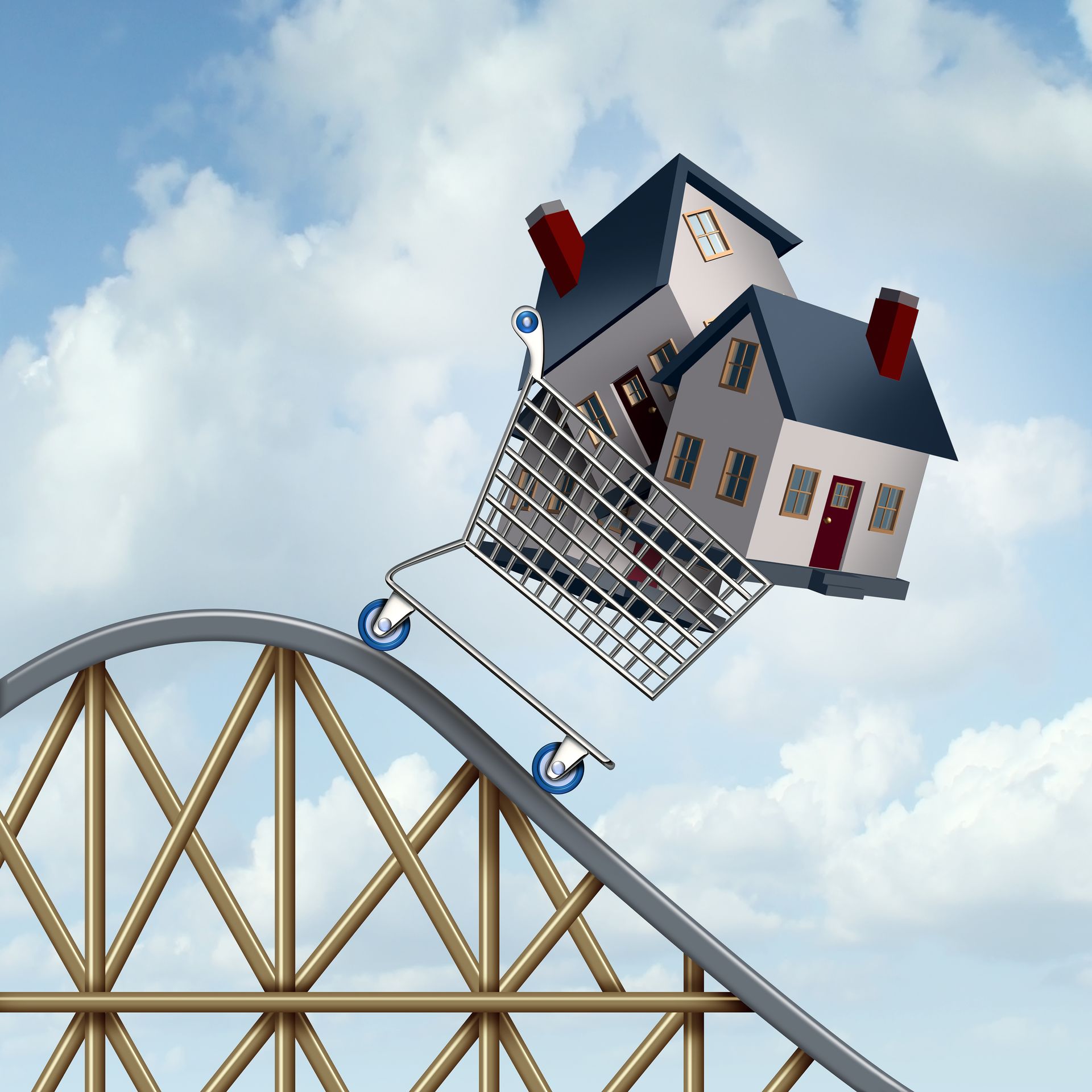 A house in a shopping cart is going down a roller coaster