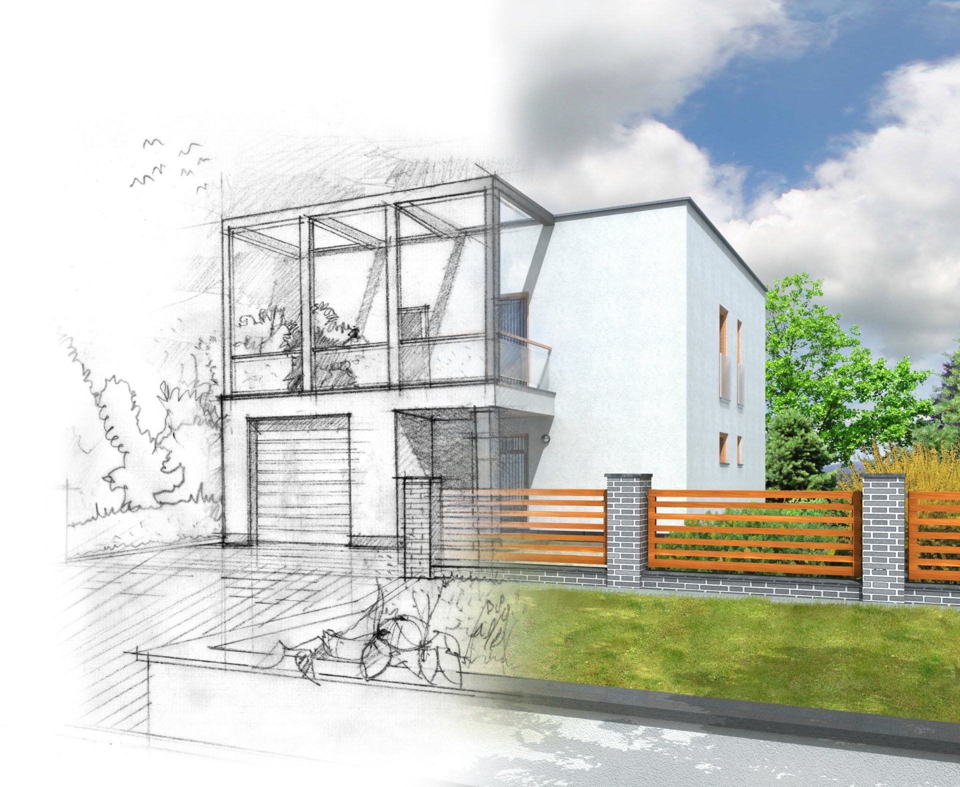 Half-sketch, half-rendering of a modern house with a garage, balcony, and wooden fence against a blue sky.
