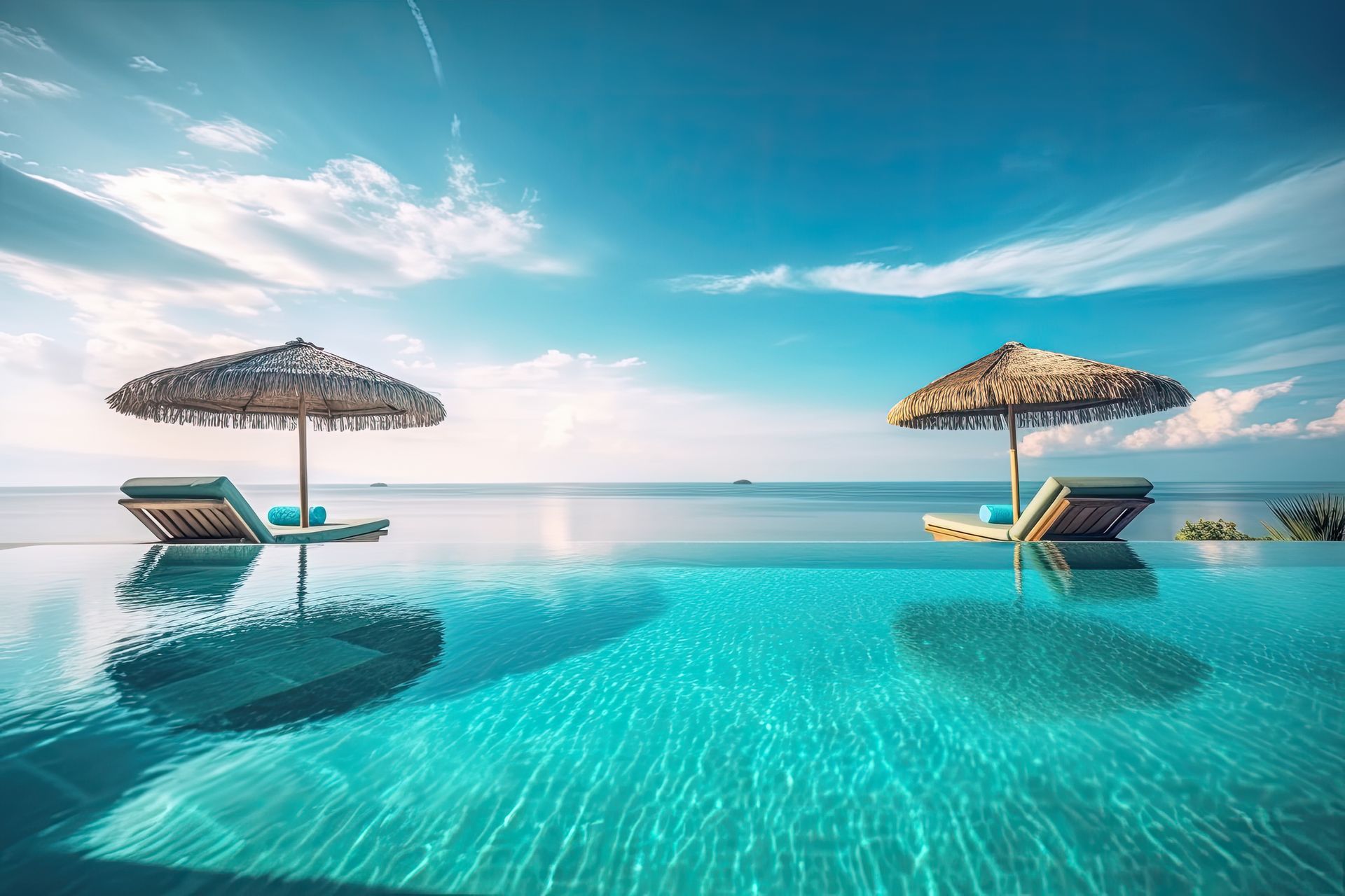 There are two umbrellas and chairs in the pool.