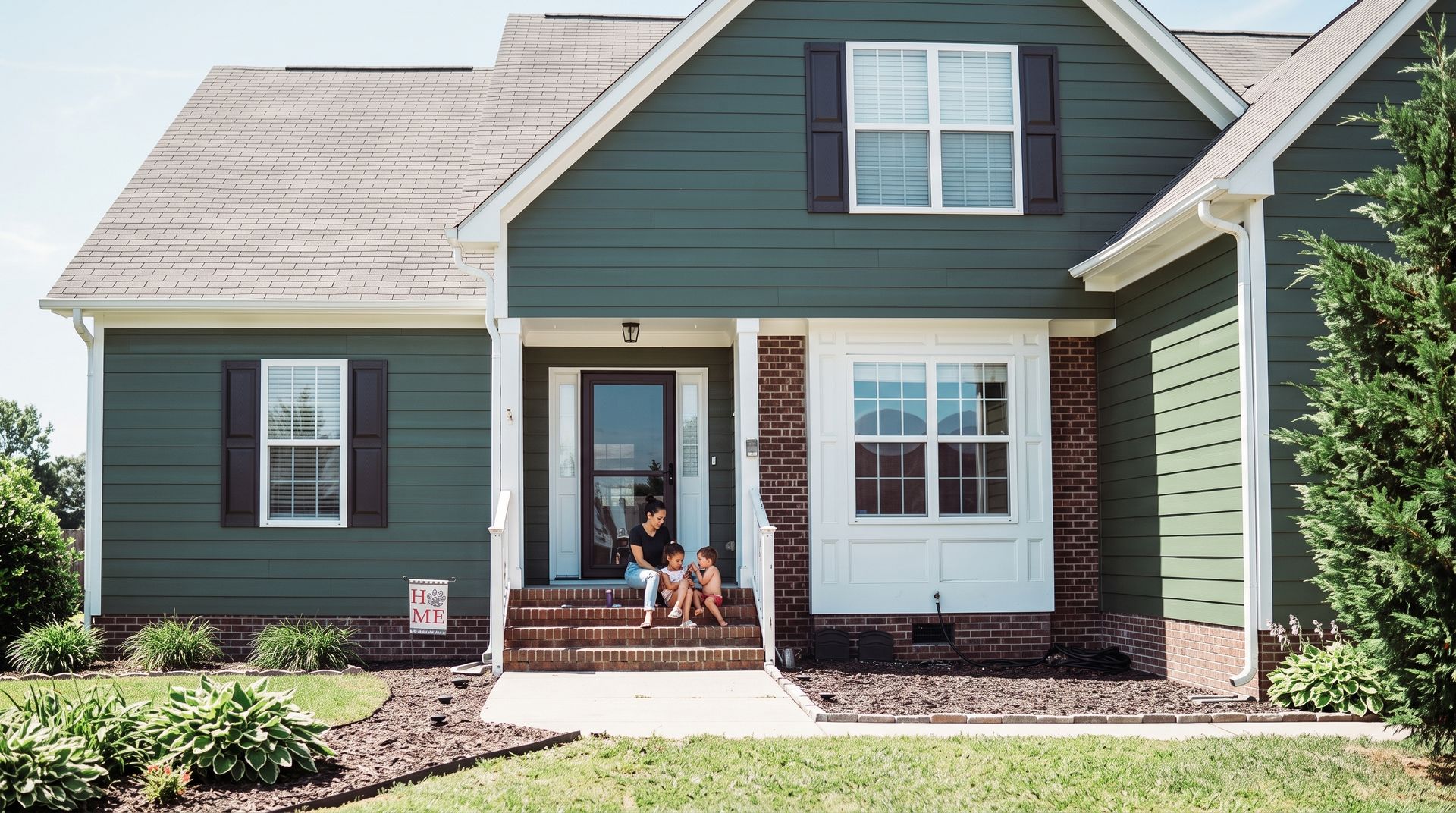 Suburban house with gray roof, white siding, front porch, and a landscaped lawn and driveway