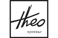 The logo for theo eyewear is black and white in a square.