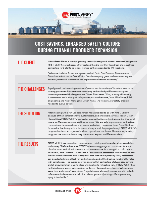 A brochure about cost savings and enhanced safety culture during ethanol production expansion.