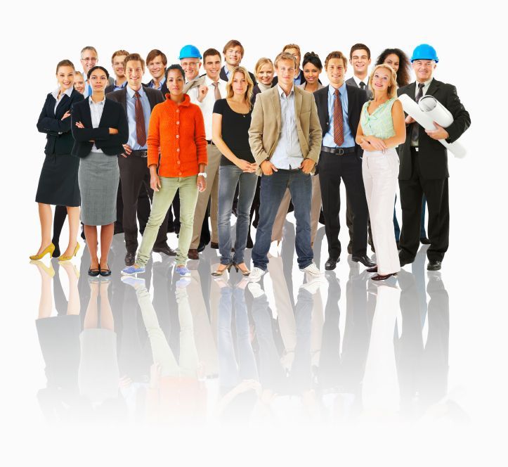 A large group of people standing next to each other on a white background