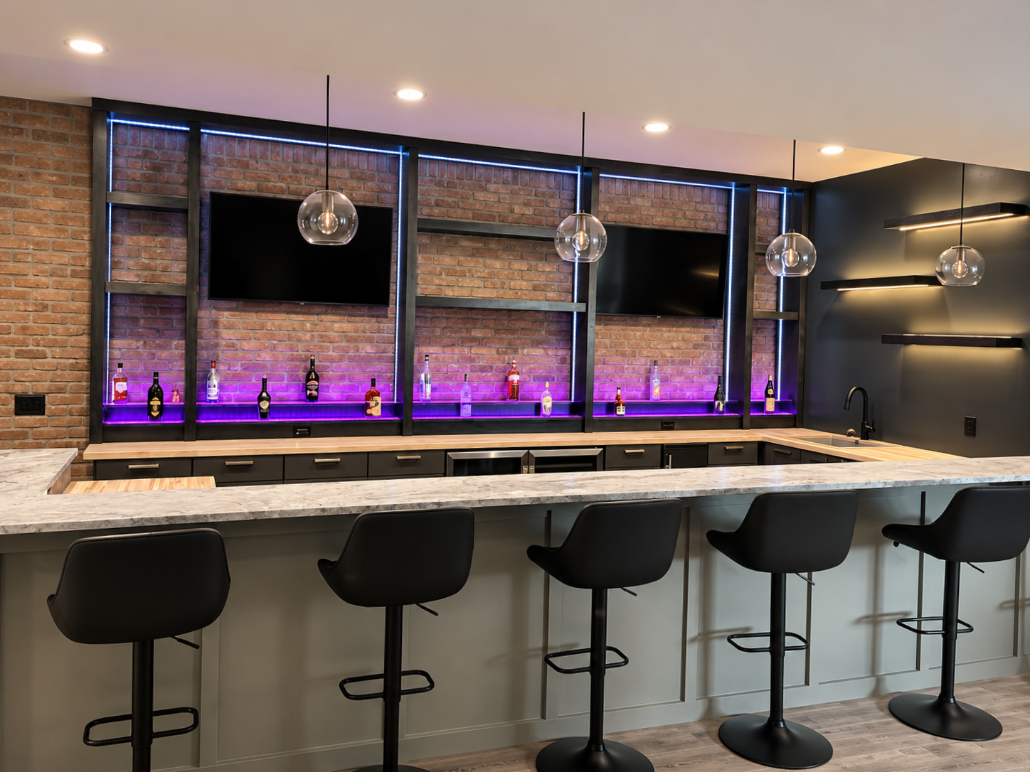 Modern bar interior with purple backlighting, hanging pendant lights, and stools at a marble counter