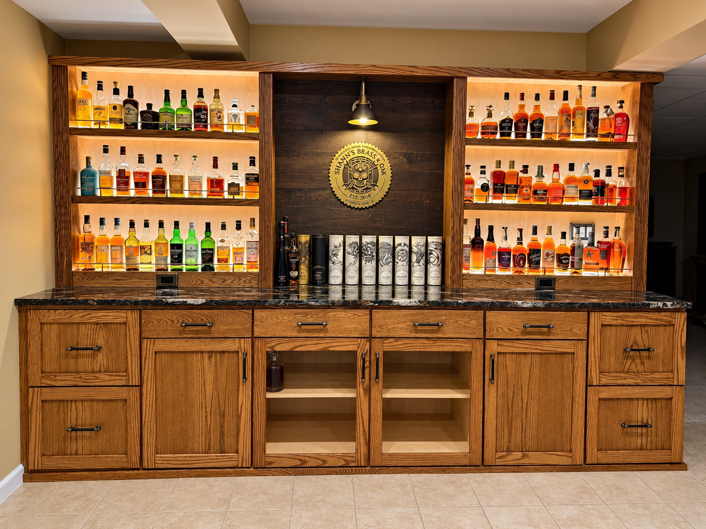 Wooden home bar with backlit liquor bottles and glassware shelves, centered under a round gold emblem