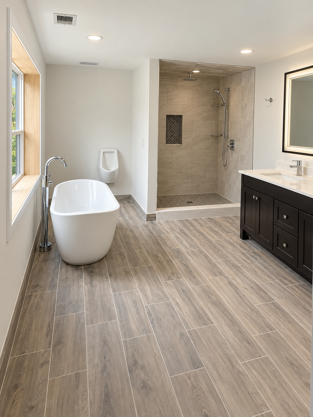 Modern bathroom with freestanding tub, walk-in shower, double vanity, and gray wood-look floor.