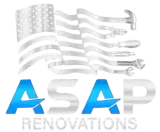 ASAP Renovations logo with silver flag and blue text; stylized tools and wrench accents