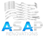 ASAP Renovations logo with stylized American flag and tools in gray and blue