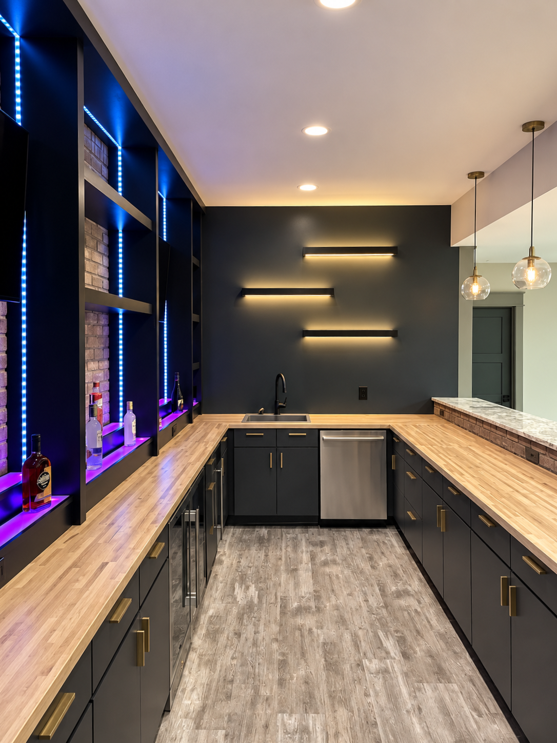 Bright bathroom with glass shower, vanity, window, and built-in tiled bathtub nook.