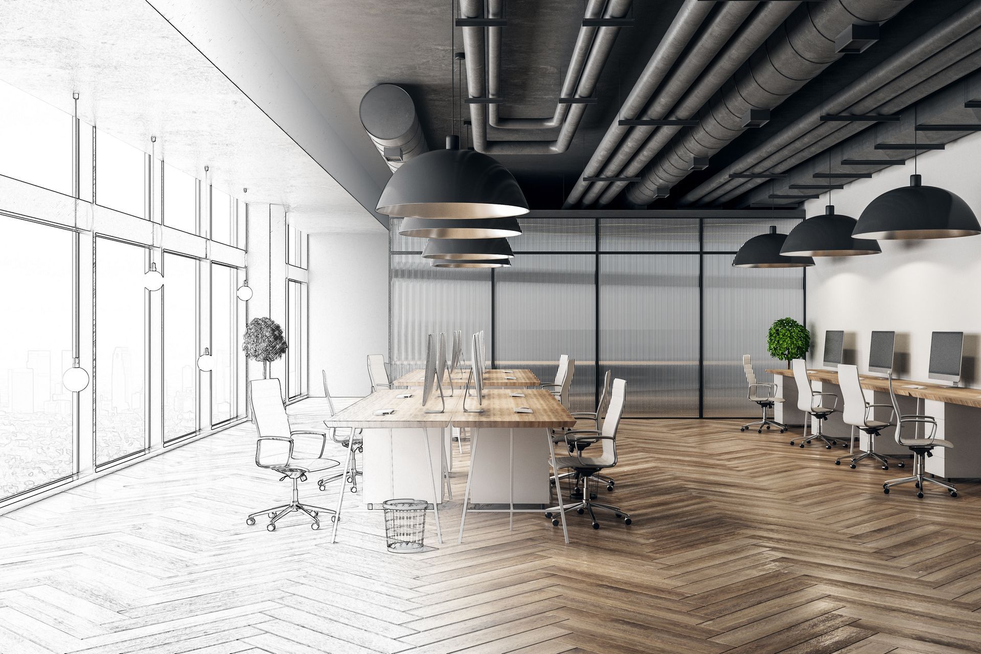 A black and white drawing of an office with tables and chairs.