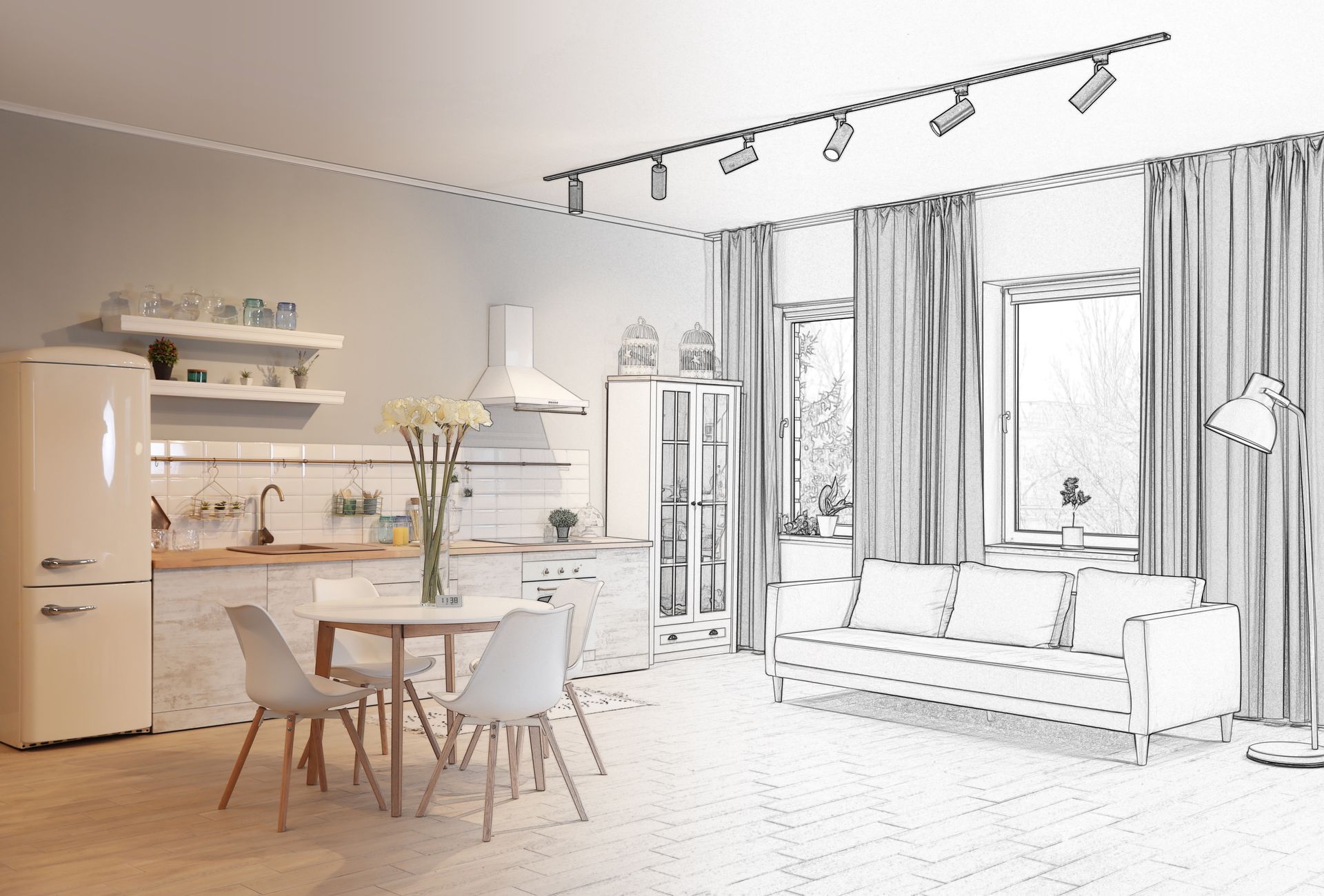 A black and white drawing of a kitchen and living room.