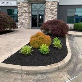 Landscaped entrance with stone building, glass doors, and colorful shrubs in a curved mulch bed