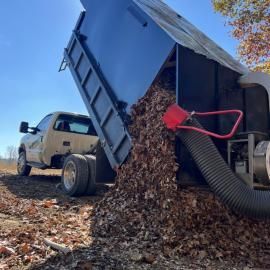 Dump truck unloading leaves into a pile beside a tan pickup truck
