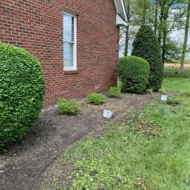 Brick house side yard with newly planted shrubs and mulch along the foundation
