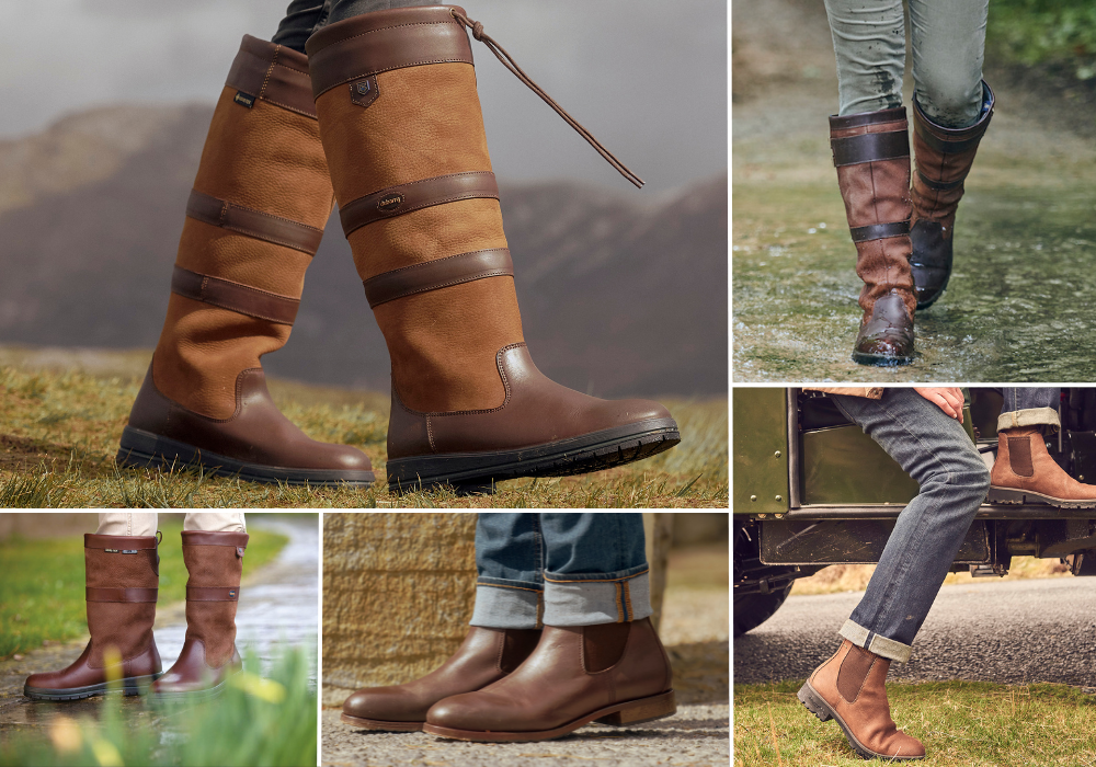 A collage of pictures of people wearing brown boots.