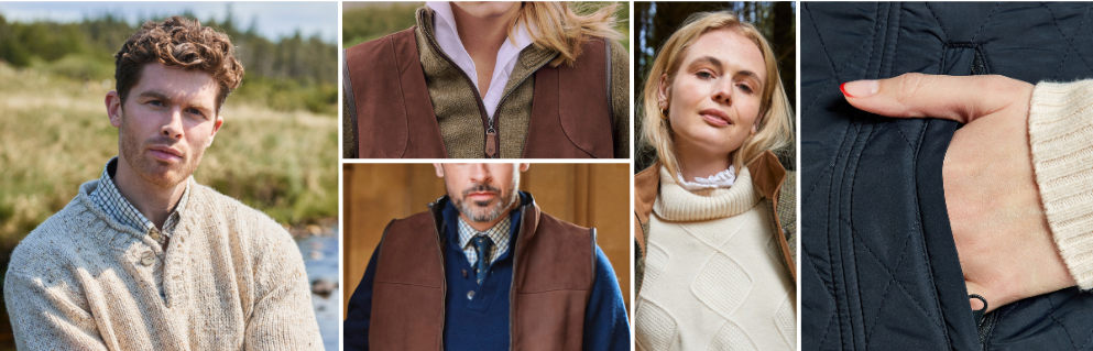 A collage of four pictures of people wearing different types of clothing.